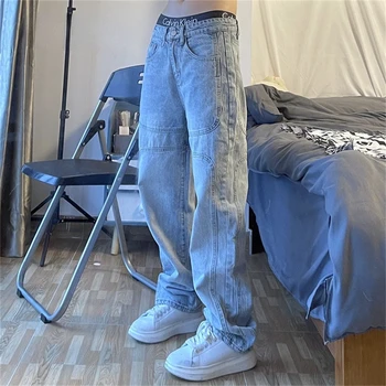 Мужские джинсовые брюки National Tide, прямые синие джинсы с широкими штанинами в стиле ретро, свободные повседневные джинсовые брюки для хай-стрит, мужские брюки