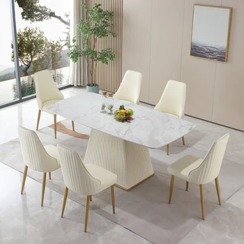 Обеденный стол из 71-дюймового камня белого цвета Carrara с подставкой в полоску, удобный для столовой, кухни