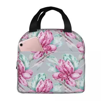 Акварельная ручная роспись Розовая Магнолия Термоизолированная сумка для ланча Изолированная сумка для бенто Многоразовые сумки для хранения продуктов Герметичная сумка-тоут