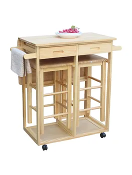Деревянная складная тележка для столовой, кухонного стола и стула, островная тележка с 2 табуретками и 2 выдвижными ящиками, ручка для ручного толкания