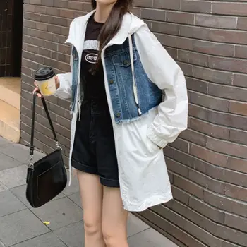 Тренч с капюшоном в стиле пэчворк из денима SuperAen, женское осеннее свободное модное пальто в корейском стиле 2023 года выпуска