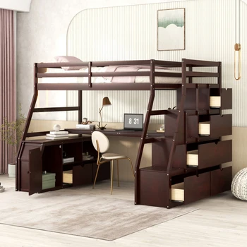 Двуспальная кровать-чердак с 7 выдвижными ящиками, 2 полками и письменным столом, легко монтируется для мебели для спальни в помещении