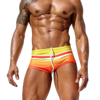 Мужские плавательные штаны с плоским углом в радужную градиентную полоску, модные плавательные штаны, сексуальные боксерские трусы с четырьмя углами.
