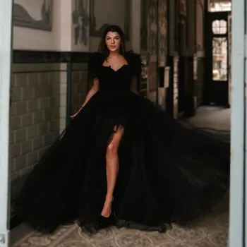 Новое поступление, Черное платье для выпускного вечера 2023, Короткие рукава принцессы с рюшами, Складки, Длинное Элегантное Вечернее платье для вечеринки, Плюс Размер
