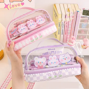 Кавайный прозрачный пенал-органайзер большой емкости, коробка для ручек, Корейская сумка для девочек, школьные принадлежности, канцелярские принадлежности