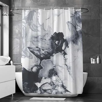 HD Китайская традиционная живопись тушью, Акварель, Занавеска для душа, черно-белая пейзажная краска в полоску, ванная комната с крючками