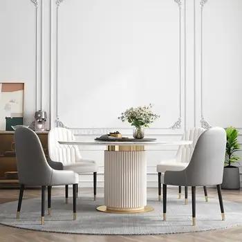 Обеденный стол из глянцевого камня с подсветкой, Роскошная белая кухня высокого класса, сочетание круглого стола и стульев, ресторанная мебель