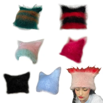 Милая шапка с кошачьими ушками в стиле Y2K, маленькая вязаная шапка Дьявола с напуском, шапочки для женщин