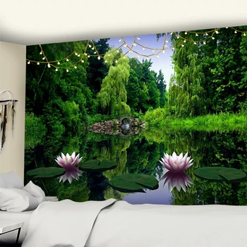Эстетический декор комнаты, Гобелен, Зеленая горная вода, богемный природный пейзаж, настенное украшение для спальни в общежитии, одеяло