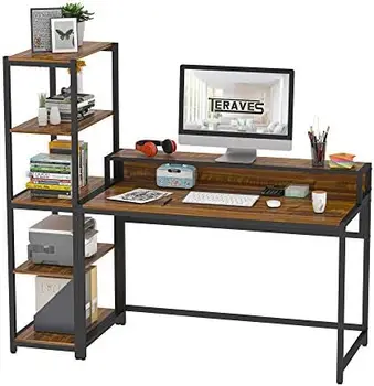 Письменный стол с 5-ярусными полками, реверсивный письменный стол с местом для хранения, 49-дюймовый рабочий стол для домашнего офиса, отдельный книжный шкаф и письменный стол