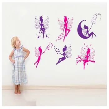 6шт Розово-фиолетовый силуэт Феи, Ангел, наклейка на стену, фиолетово-красная домашняя наклейка, фреска, съемный виниловый арт нового стиля