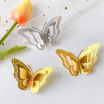 Новые 3D полые многослойные наклейки на стену с бабочками, золотые декоративные бабочки для домашнего декора, свадебная наклейка для вечеринки 