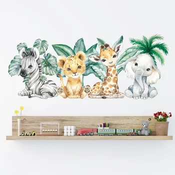 Мультяшные животные джунглей, листья, Акварельные наклейки на стены из ПВХ для детской комнаты, украшение детской комнаты, Наклейка со слоном и Жирафом