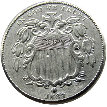 Декоративная монета в виде пятицентовой копии с никелевым щитом 1869 года выпуска США