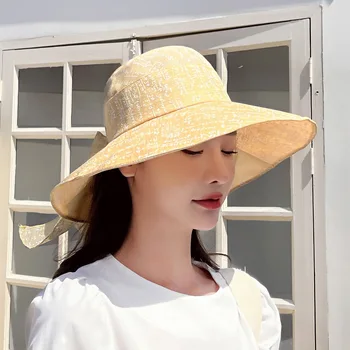 Шляпа Женская в корейском стиле С изящным бантом, шляпа с широкими полями, Летняя солнцезащитная рыбацкая шляпа с козырьком, Складная солнцезащитная шляпа из органзы
