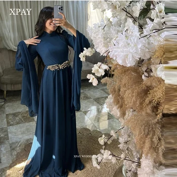 XPAY Скромные Темно-синие шифоновые мусульманские женские вечерние платья с высоким воротом, расклешенными длинными рукавами, поясом, арабский кафтан, вечерние платья для выпускного вечера