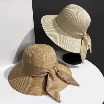 Женская летняя Складная соломенная пляжная шляпа от солнца с широкими полями, женская солнцезащитная шляпа с защитой от ультрафиолета, пляжные шляпы от солнца с хвостом и бантом, женская панама