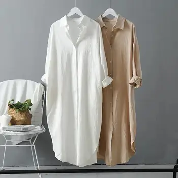 Длинное белое платье-рубашка для женщин из льна и хлопка 2023 Весна-лето Повседневная Корейская одежда Винтажный халат Миди Оверсайз