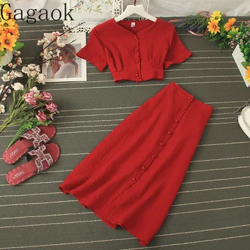 Модный костюм Gagaok Net Red, однотонный однобортный укороченный топ с V-образным вырезом и короткими рукавами + юбка-двойка с высокой талией