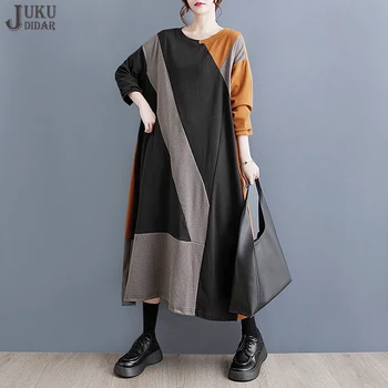 Дизайн в стиле пэчворк, длинный рукав, Новое Осеннее Женское длинное платье в корейском стиле, свободный крой, Шикарный Большой размер, Уникальный повседневный халат большого размера JJXD571