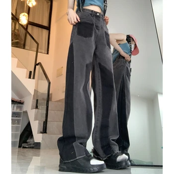 Женские черные джинсы в винтажном стиле с высокой талией, американские широкие брюки, Мода Y2K Straight 2023, Летние женские джинсовые брюки