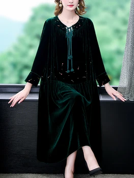 Женское Корейское винтажное роскошное элегантное платье Осень-зима, Зеленое бархатное Шикарное длинное платье с воротником-бантом, модное вечернее платье для вечеринок 2023 года.