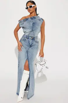 Укороченный топ с разрезом на плечах и длинная юбка с высокой талией в стиле Echoine, комплект из двух предметов, джинсы неправильной формы