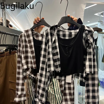 Bugilaku Модная клетчатая блузка в стиле Хай-стрит, женские рубашки с отложным воротником и длинным рукавом, женские повседневные универсальные базовые блузы Mujer