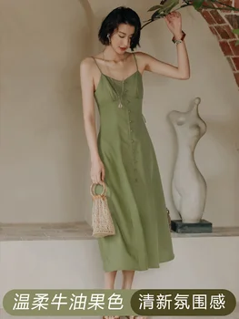 Французское зеленое платье на бретельках Женская летняя шифоновая юбка High Sense Slim Fit для пляжного отдыха