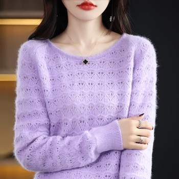 Женский кашемировый свитер из 100% чистого норкового кашемира, Женский пуловер, вязаный свитер с круглым вырезом, Корейская мода, свободный топ с подкладкой