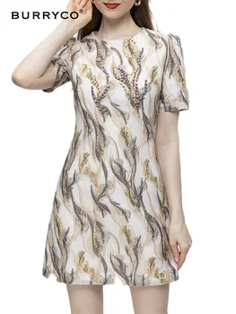 BURRYCO 2023, Летнее женское платье с новым оригинальным дизайном и тисненым принтом ручной работы, расшитое бисером, с коротким рукавом, облегающее платье