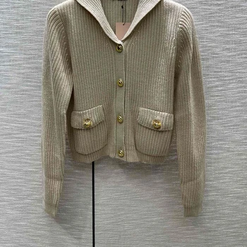 Женский классический дизайн шали с матросским воротником, оригинальный роскошный вязаный кардиган, модный свитер известного бренда с винтажным карманом