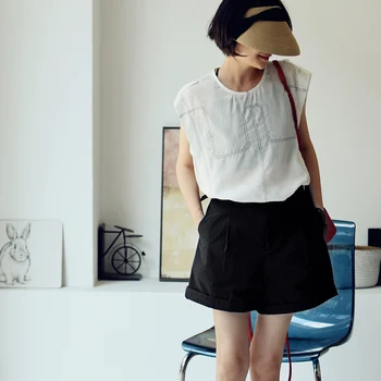 MICOCO C1579C Артистический темперамент простой дизайн ярких линий свободная рубашка без рукавов с круглым воротником женская