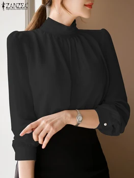 ZANZEA Модные рубашки со стоячим воротником Повседневные женские блузки 2023 Винтажные топы в складку с длинным рукавом Элегантные блузы с длинными пышными рукавами