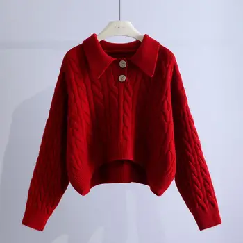 2023 Новый женский вязаный свитер с воротником-поло, пуловер, однотонные женские топы с длинными рукавами, Зима-осень, женские теплые V145