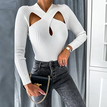 Повседневные обтягивающие рубашки с узким низом, модный дизайн с перекрестными бретельками, Полая блузка, женский однотонный Сексуальный топ-пуловер с длинным рукавом