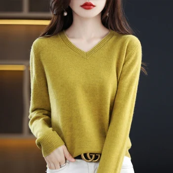 100% чистый женский классический свитер, новый однотонный свободный пуловер с V-образным вырезом, трикотажная нижняя рубашка с длинным рукавом, женская