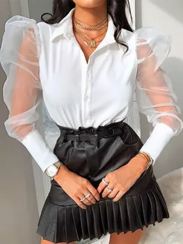 Женская модная блузка из прозрачной сетки с пышными рукавами, V-образным вырезом, на пуговицах, Элегантные топы и блузки, женские рубашки в стиле харадзюку