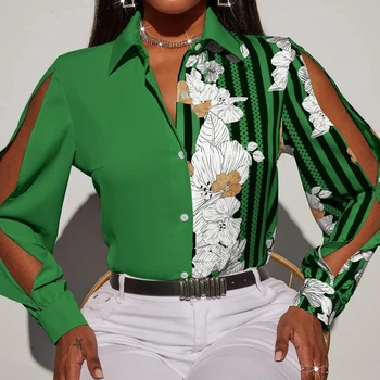 Сексуальная женская рубашка с длинным рукавом, винтажная блузка с цветочным принтом, женские осенние рубашки с отложным воротником, Свободные топы, одежда 29102
