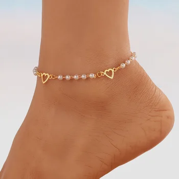 Простые браслеты из искусственных жемчужных бусин с полым сердечком Для женщин, Цепочка для ног на босу ногу, Богемные Браслеты на лодыжке в виде сердца, Украшения в стиле бохо