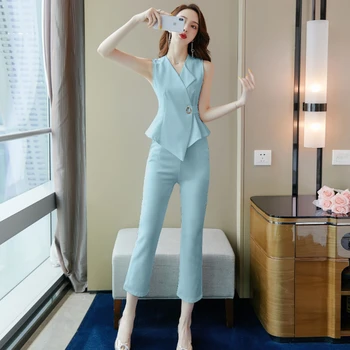 2023 Корейский шикарный профессиональный костюм: элегантный топ на металлических пуговицах без рукавов + тонкие укороченные брюки с высокой талией, комплект из 2 предметов, женская одежда.