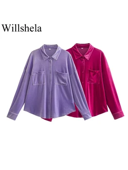 Willshela Женская мода С карманами, однобортная блузка, винтажный вырез с лацканами, Длинные рукава, женские шикарные женские рубашки