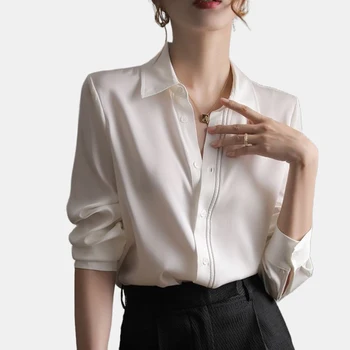 Осенняя модная женская рубашка из атласа и шелка, Элегантная женская блузка с отложным воротником, белые женские рубашки с длинным рукавом, топы, Элегантные блузки