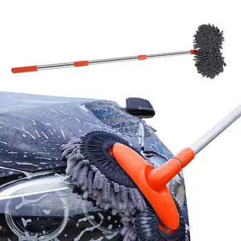 Двуглавая щетка для мытья автомобилей, Мягкая рукавица для мытья автомобилей с телескопической ручкой, 360 вращающихся головок, палочка для швабры для уборки фургона / автомобиля