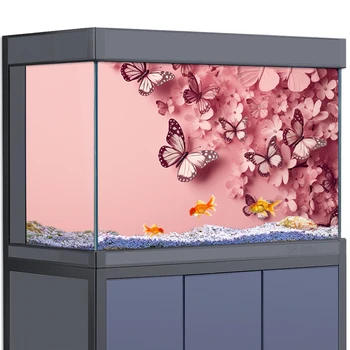 Наклейка на фоне аквариума - Розовые цветы бабочки HD 3D Украшение плаката - для аквариумов объемом 5-60 галлонов, мест обитания рептилий