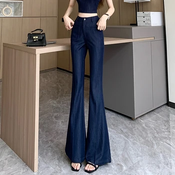 Y2K 2023 Винтажные синие женские джинсы полной длины с высокой талией, широкие расклешенные брюки, уличная одежда из джинсовой ткани Famale Strecth