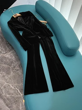 Высококачественный Бархатный Женский Однотонный Офисный костюм, Блейзер с длинным рукавом на одной пуговице, расклешенные брюки, Женские 2шт, фиолетовый