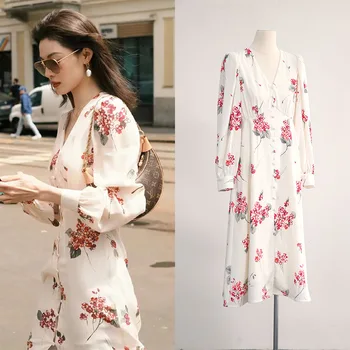 [Do goods] Чжун Чу Си, такая же высококачественная мода, уменьшающая возраст, шикарное женское длинное платье с цветочным принтом