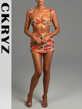 Женская одежда Y2K с цветочным принтом, комплект из 2 предметов, укороченный топ без рукавов с открытой спиной и мини-юбка, Новая модная клубная одежда для вечеринки по случаю дня рождения