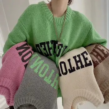 Шикарные свитера с буквенным принтом ярких цветов для женщин, Корейский стиль, свободный вязаный пуловер с круглым вырезом, свитер, Мягкая теплая вязаная рубашка